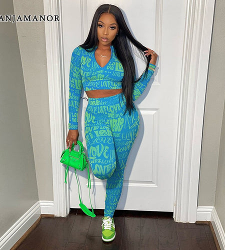 Letter Print Tracksuit Two Piece Set